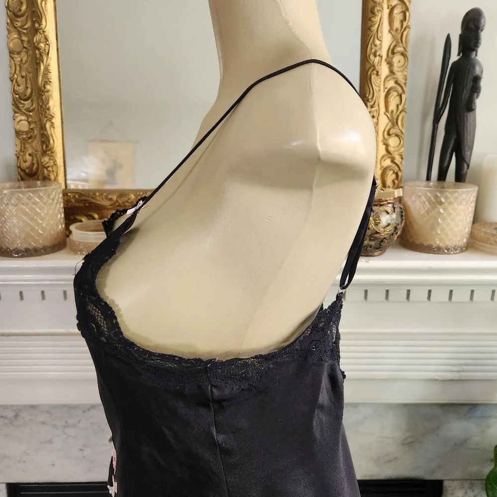 Vintage 90s Black Floral Chemise Slip Dress Sz M Pink Embroidered Mini Lace Y2K